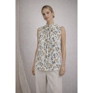 Lafayette 148 New York 100% Silk Floral Ruffle Tie Neck Sleeveless Blouse Medium